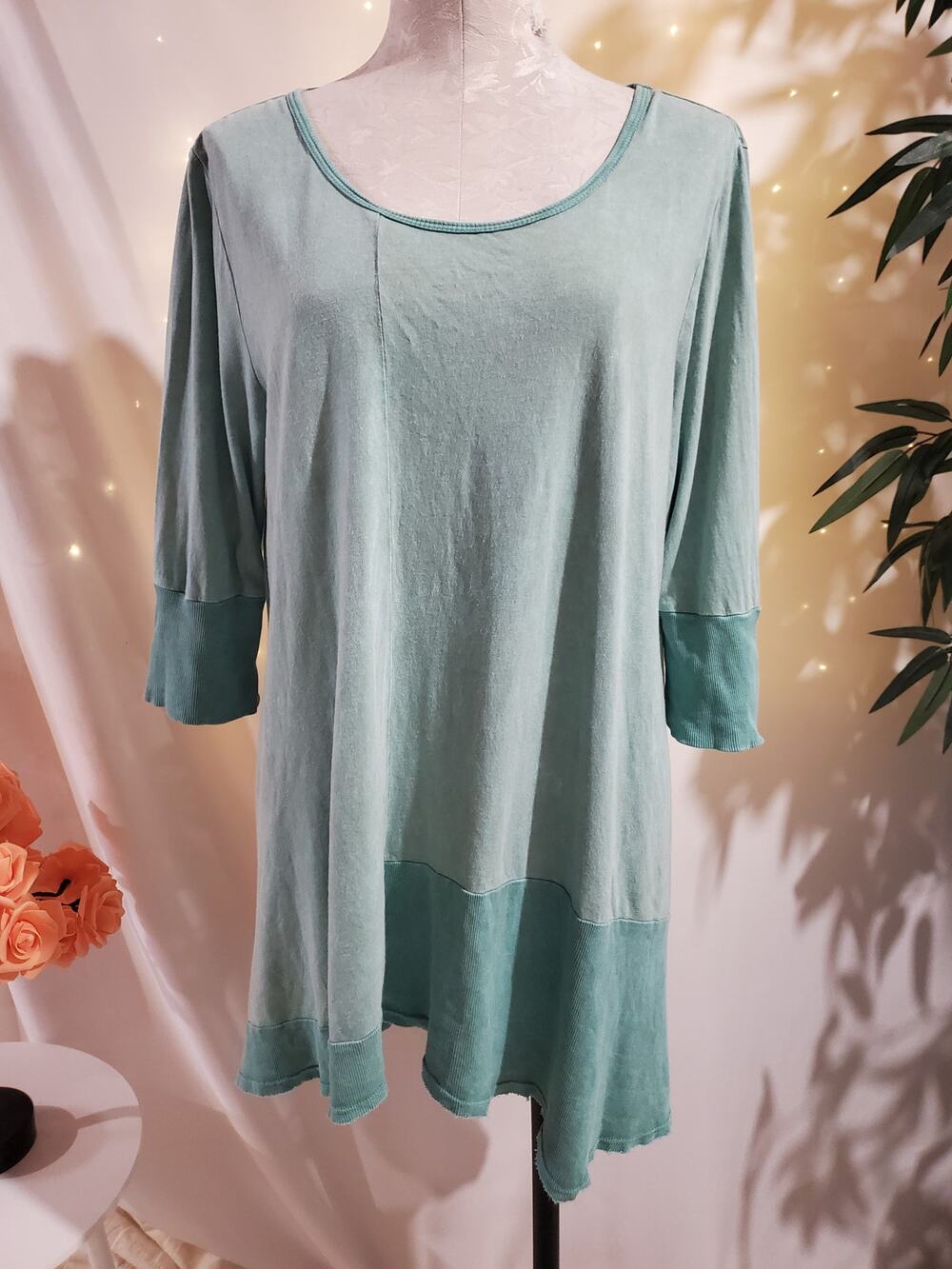 Chalet Hemp Cotton Scoop Neck 1/2 Sleeve Asymmetrical Tunic Top Size L Lagenlook